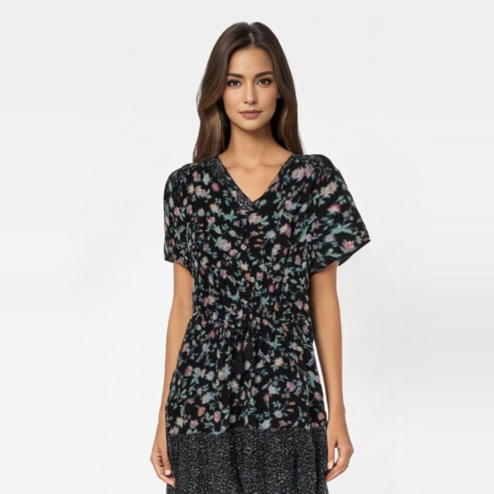 H & M Divided Floral Ditzy Boho V Neck Drawstring Waist Dress Size L